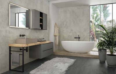 래커와 나뭇결 멜라민 손잡이가 없는 욕실 캐비닛