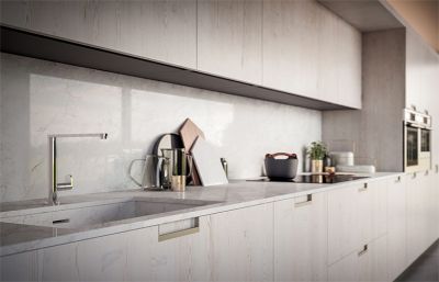 Gabinetes de cocina de grano de madera de material de melamina de estilo texturizado