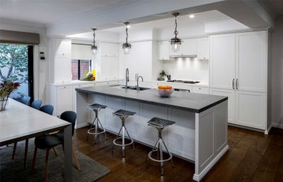 White PVC Kitchen With Grey Quartz Countertop