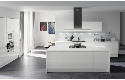 Modern  High Gloss Kitchen Lacquer Cabinets With Pure White Countertop