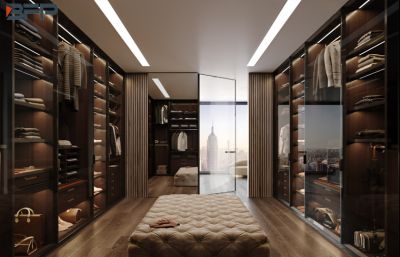 Lyxig design i italiensk stil i klädkammare med LED-ljus