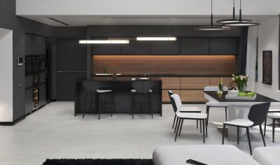 Black Lacquer Kitchen Cabinets with Wood Grain Finish