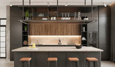 Modern Lacquer Matte Grey Kitchen Cabinet With Island