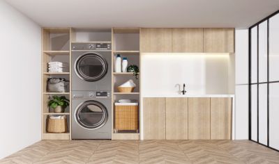 Neutral Toned Laundry Cabinets With Open Shelving & Storage