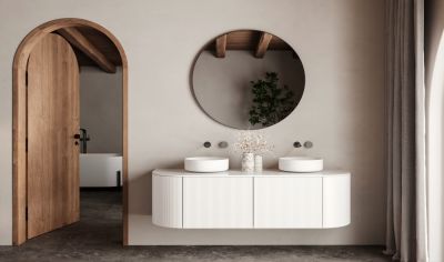 Modern Curved Floating Bathroom Vanity with Custom Storage Solutions