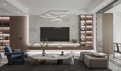 Custom Wood Grain Melamine TV Feature Wall with Floating Entertainment Unit