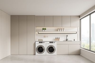 Modern Minimalist Laundry Cabinets with Sleek Built-in Storage & Ambient Lighting