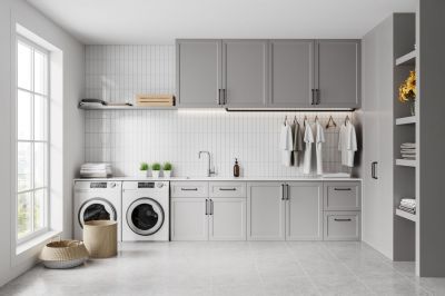 Classic Grey Laundry Cabinets with Modern Shaker Doors & Matte Finish