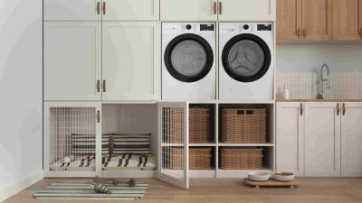 Wood-grain Matte Lacquer Washer-Dryer Combo Laundry Room