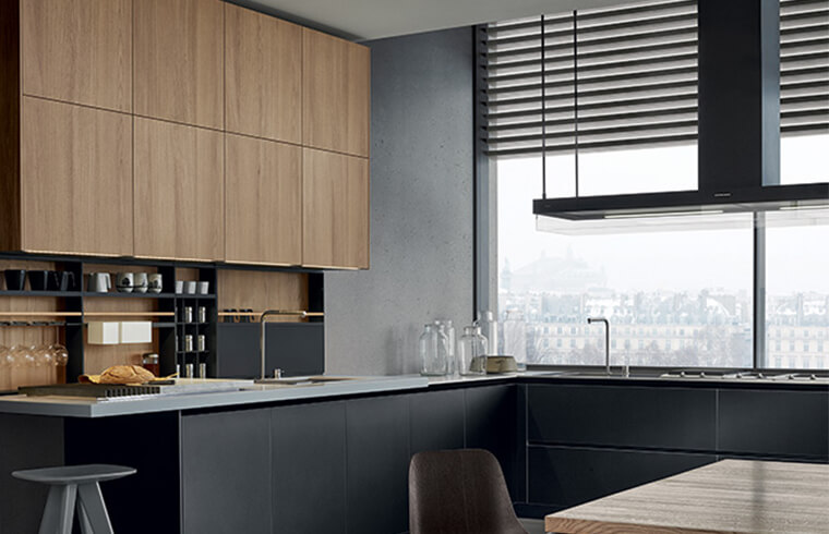Contemporary Wood Grain and Charcoal Grey Melamine Kitchen Cabinets