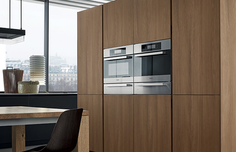 Contemporary Wood Grain and Charcoal Grey Melamine Kitchen Cabinets