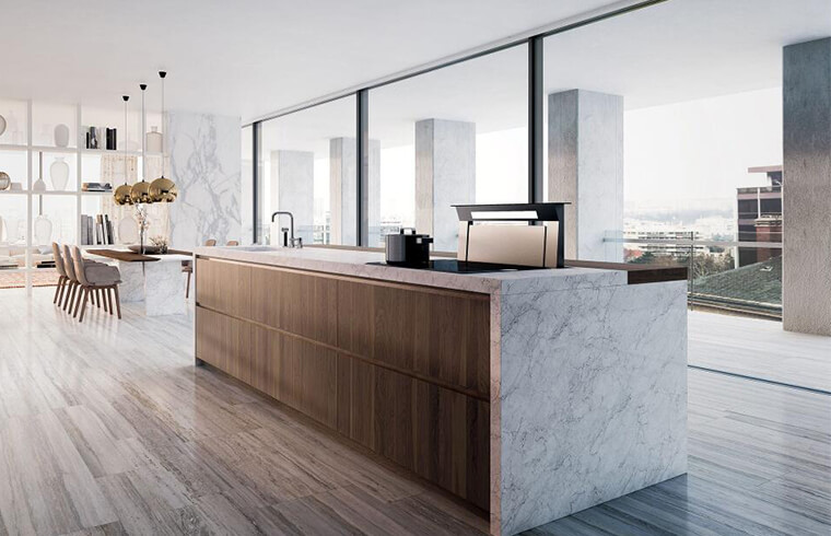 Gabinetes de cocina laminados de melamina de lujo contemporáneos con encimera de mármol