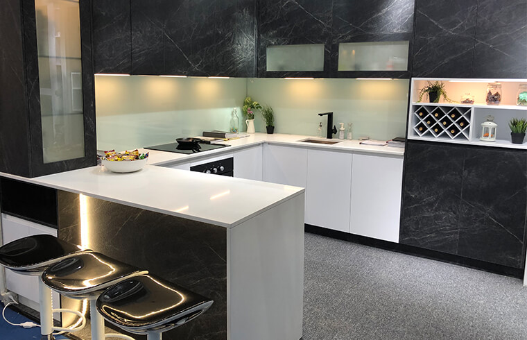  Comtemporary U Shaped Compact Two Tone Color Black And White  Kitchen Cabinet Design Idea