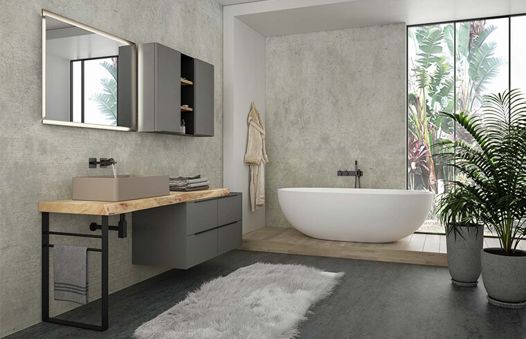 Lacquer and wood grain melamine handless bathroom cabinet