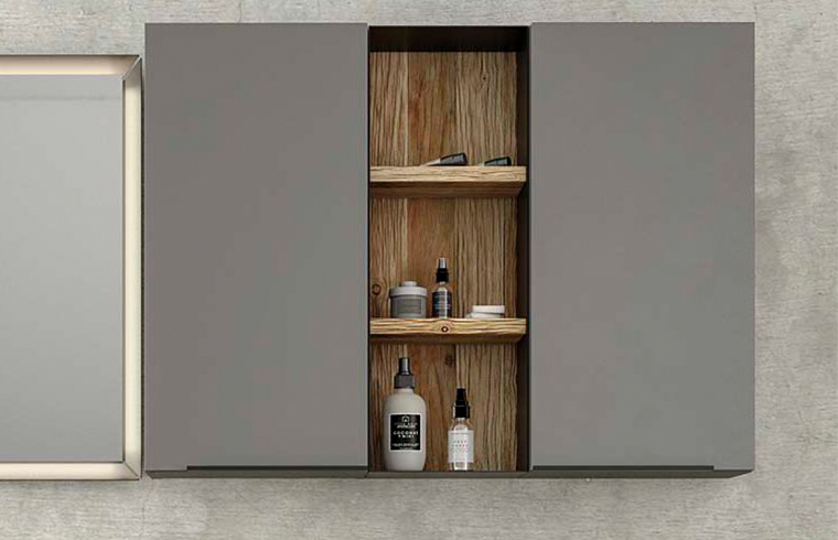 Lacquer and wood grain melamine handless bathroom cabinet