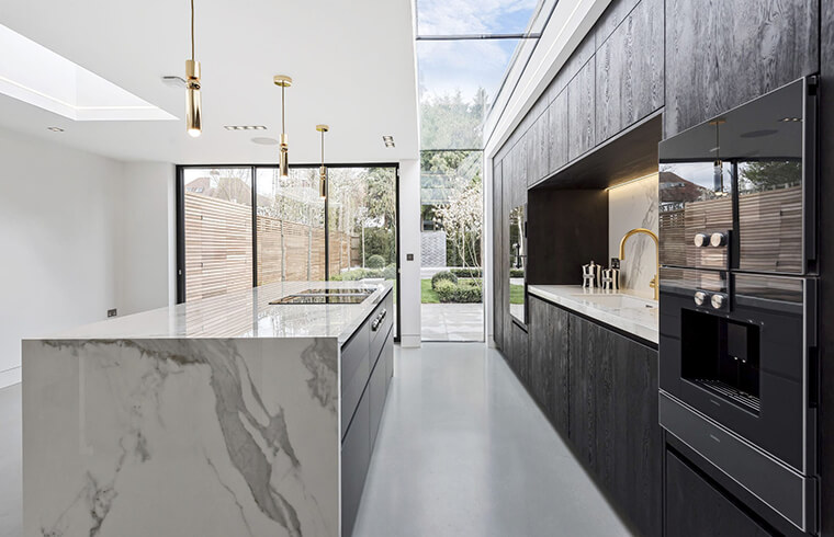 Dark Color Wood Veneer Kitchen Cabinets With Calacatta Countertop