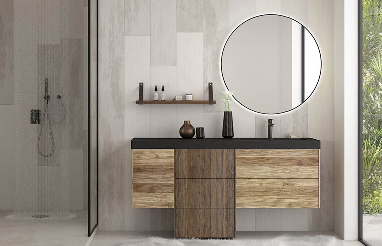 Modern Wood Grain Black Top Vanity Cabinet 