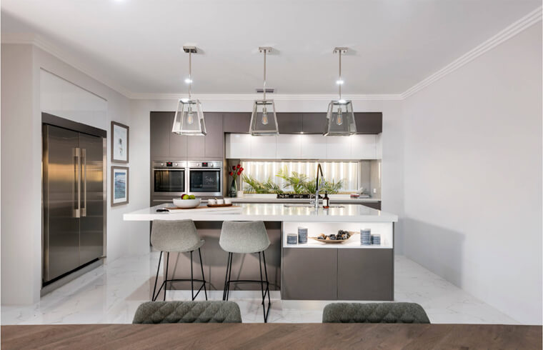 Gabinetes de cocina de melamina de carbón mixto de grano de madera gris moderno