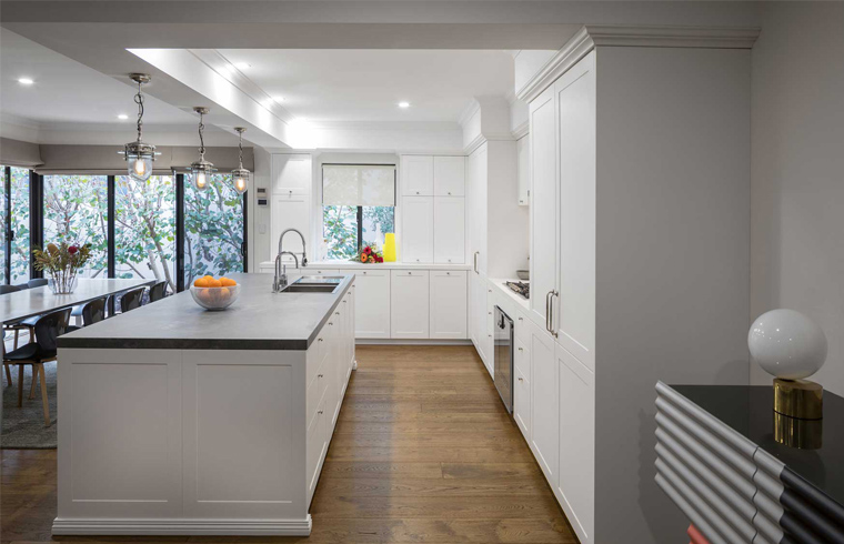 White PVC Kitchen With Grey Quartz Countertop