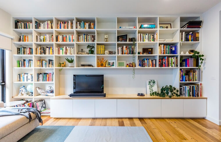 White Melamine TV Cabinets with Wood Grain benchtop