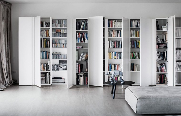Wood Book Shelf And Different Kinds Of Grid For Living Room