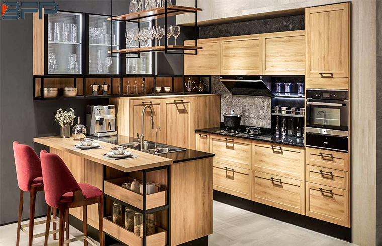 Classic European Countryside Style Melamine Wood Grain Kitchen Cabinets