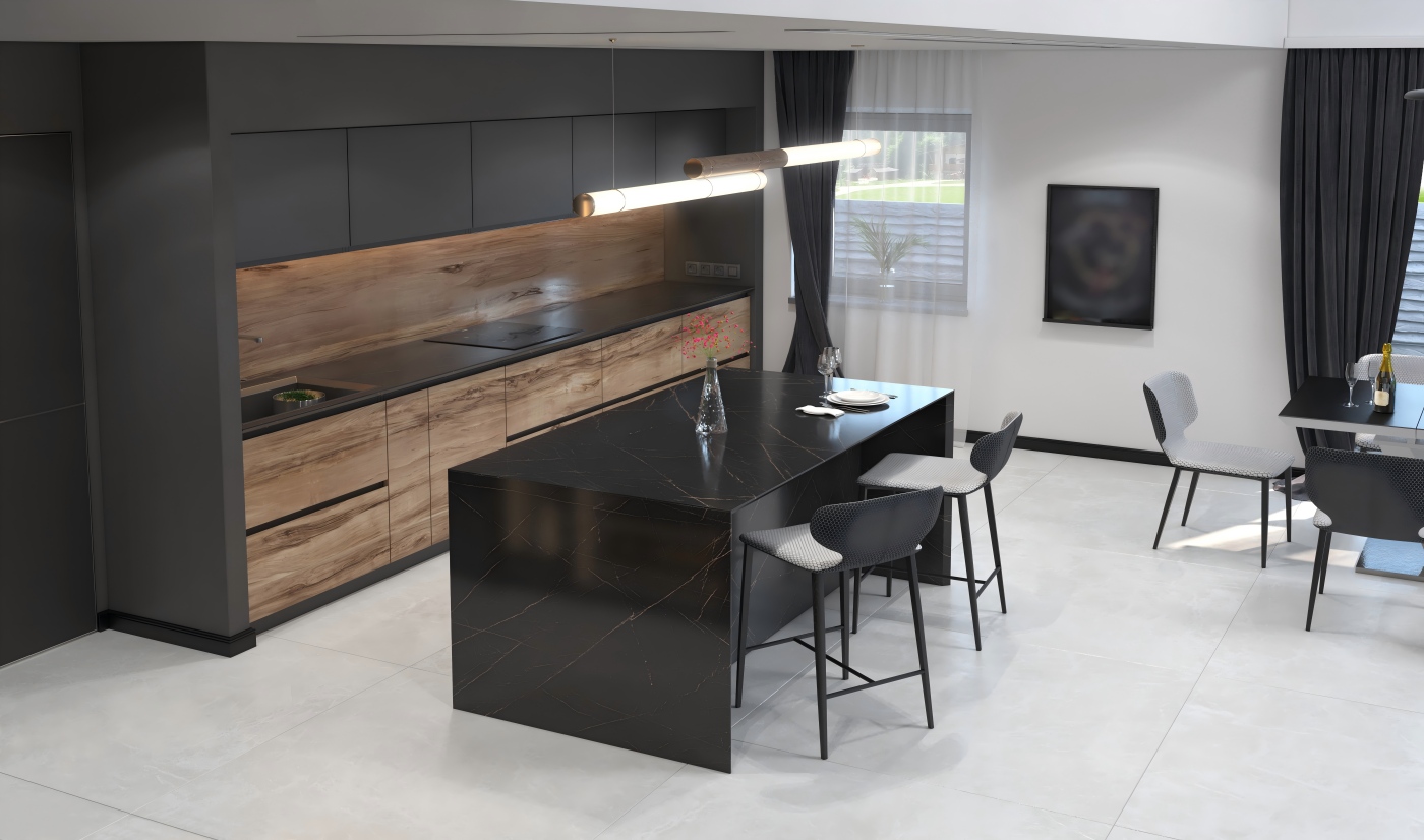 Black Lacquer Kitchen Cabinets with Wood Grain Finish