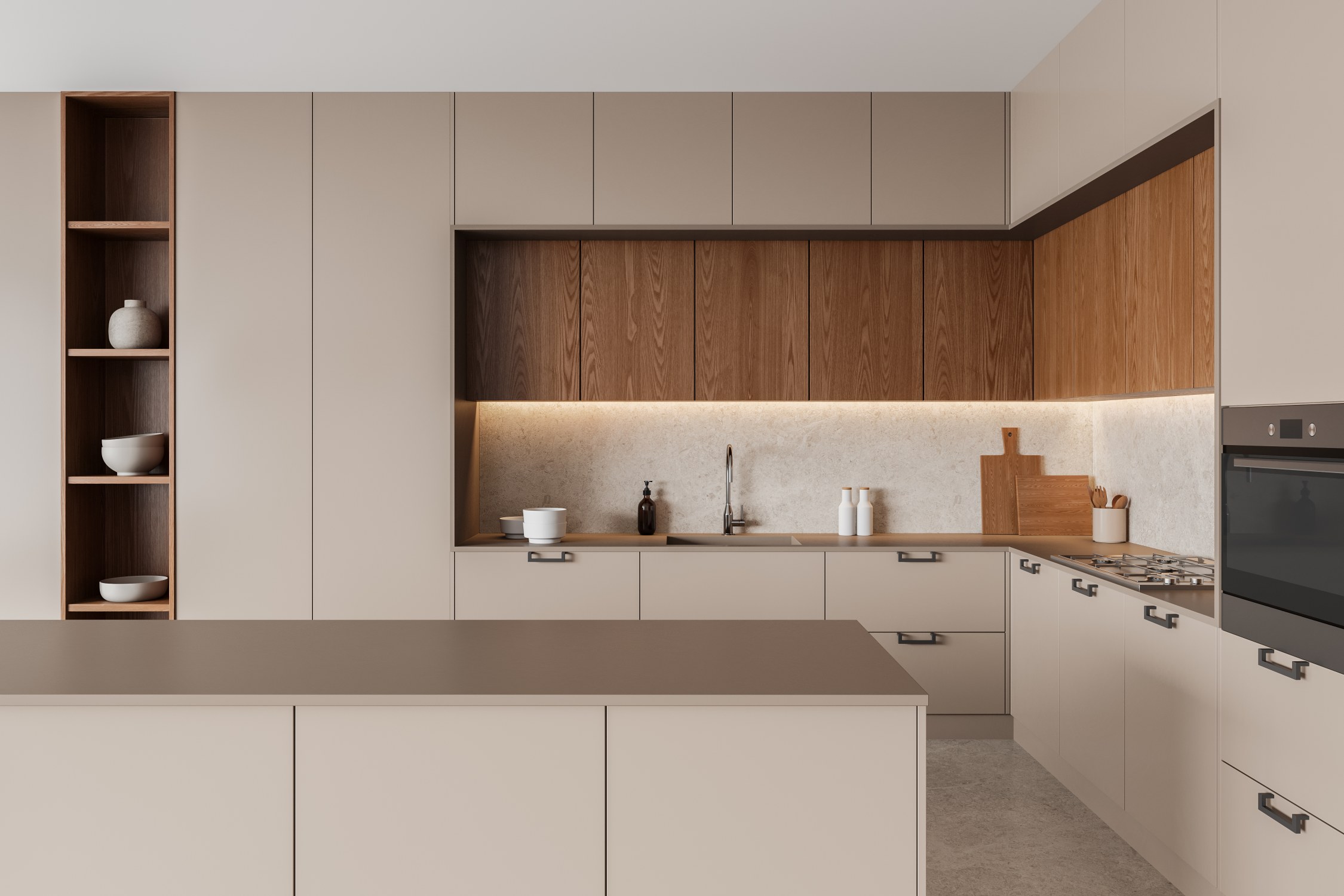 Modern Minimalist Natural Wood Open Kitchen BFP Cabinetry