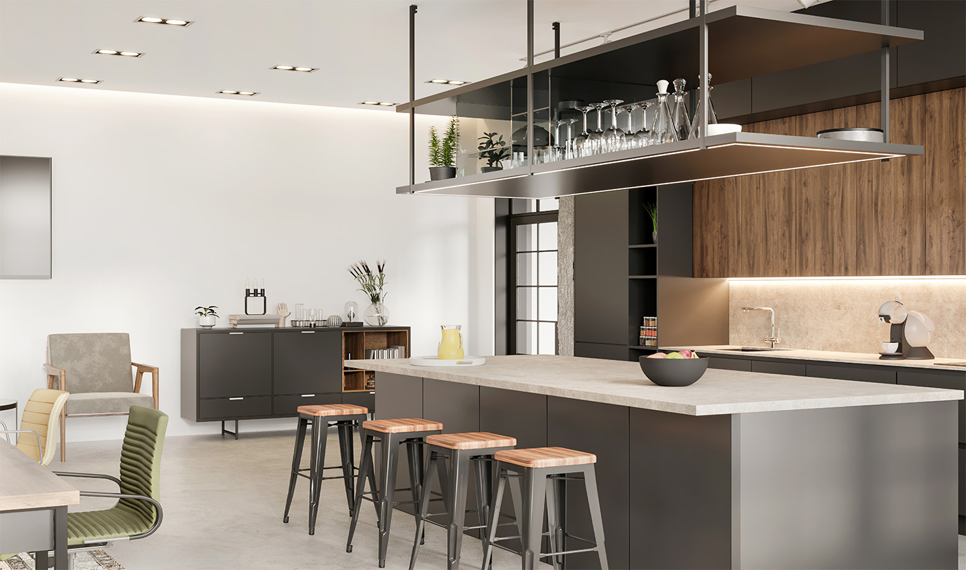 Modern Lacquer Matte Grey Kitchen Cabinet With Island