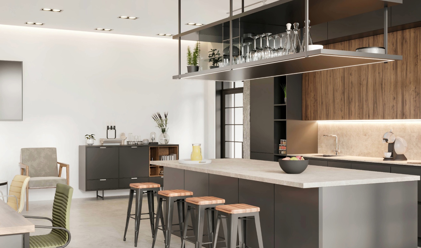 Modern Lacquer Matte Grey Kitchen Cabinet With Island