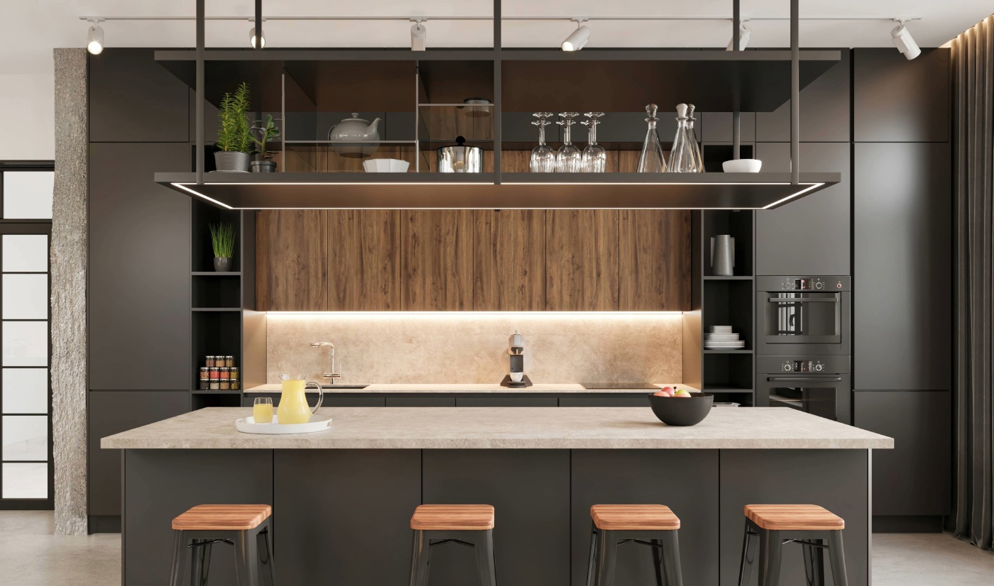 Modern Lacquer Matte Grey Kitchen Cabinet With Island