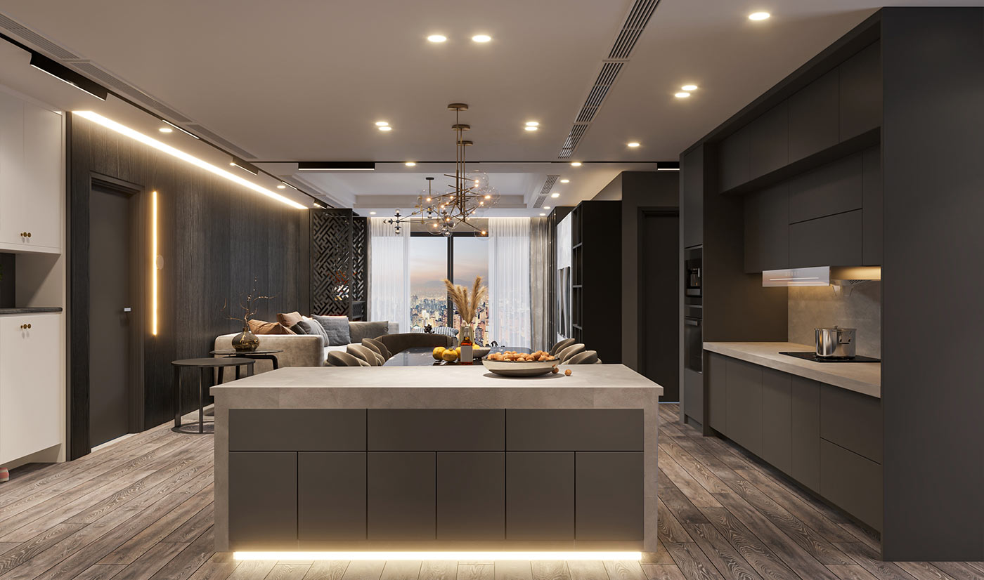 Elegant Matte Grey Lacquer Kitchen Cabinet Design with Island