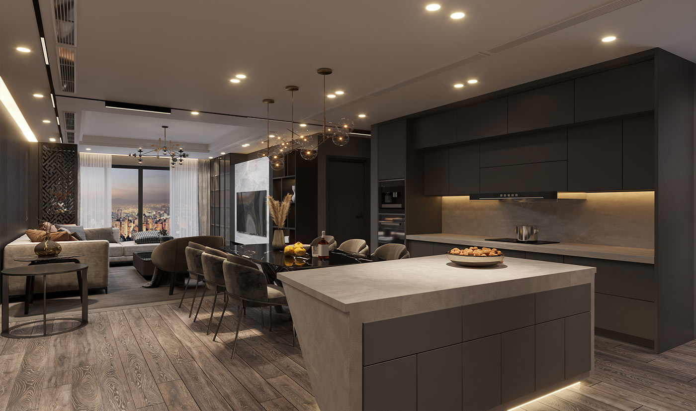 Elegant Matte Grey Lacquer Kitchen Cabinet Design with Island