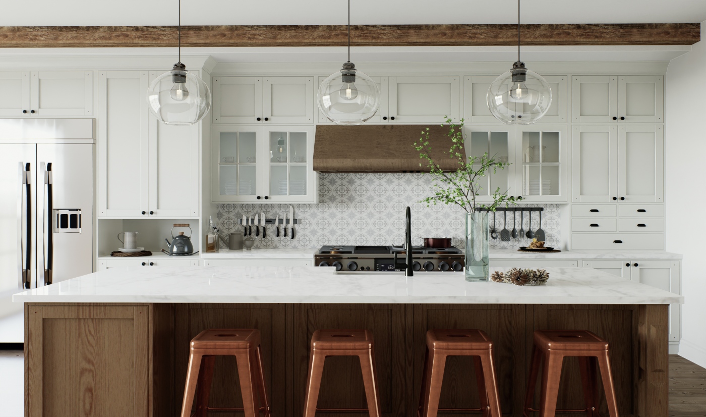  Wood Grain & White Shaker Kitchen Cabinets | High-end Custom Transitional Kitchen Cabinetry 