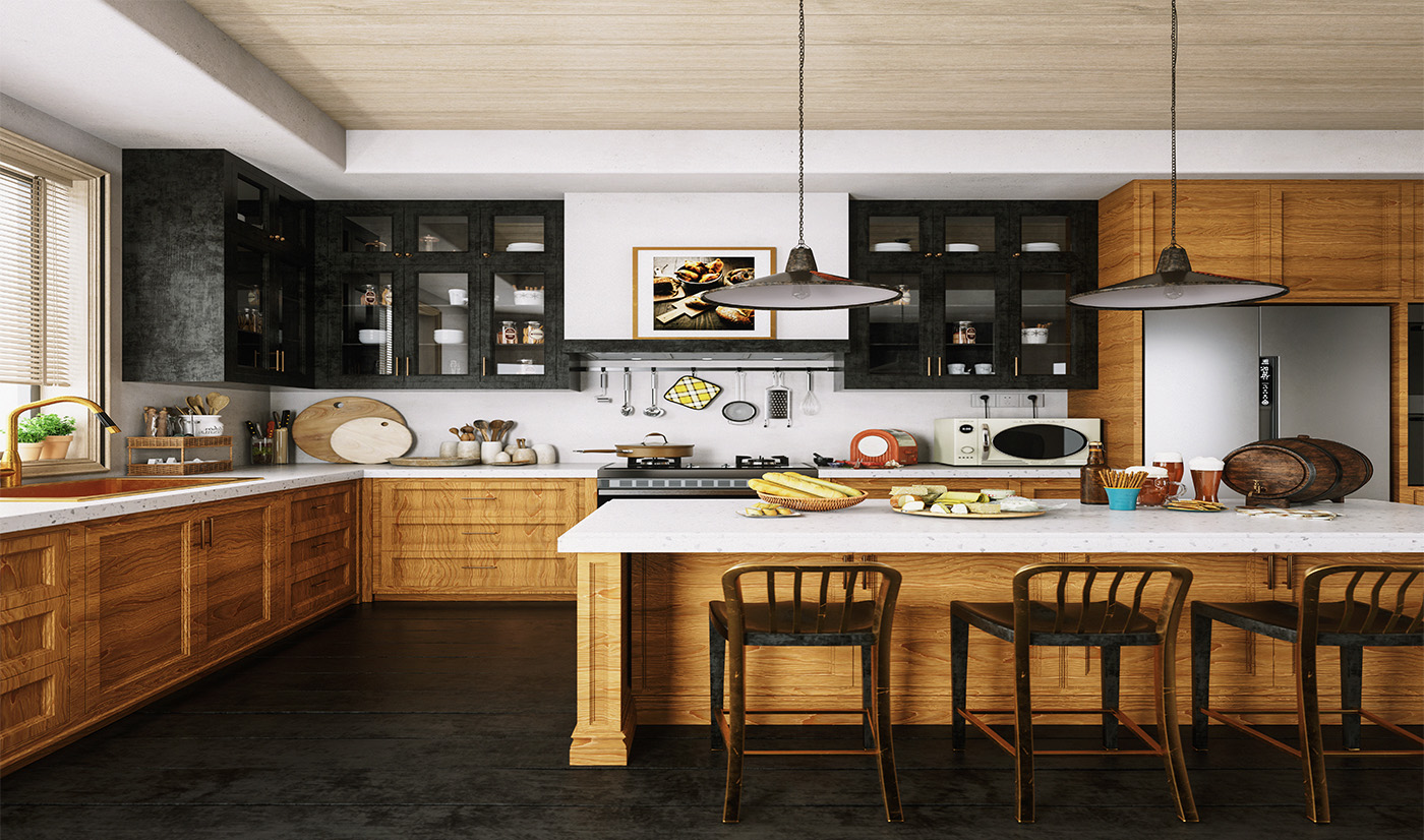 Rustic Style Customized L-Shape Kitchen Cabinet with Island