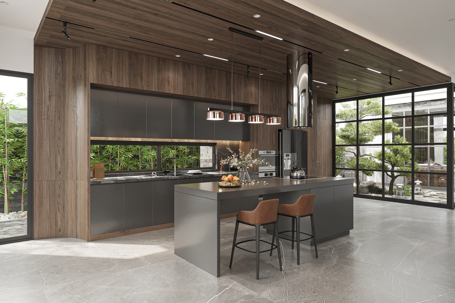 Custom Modern Kitchen With Matte Black Walnut Finish