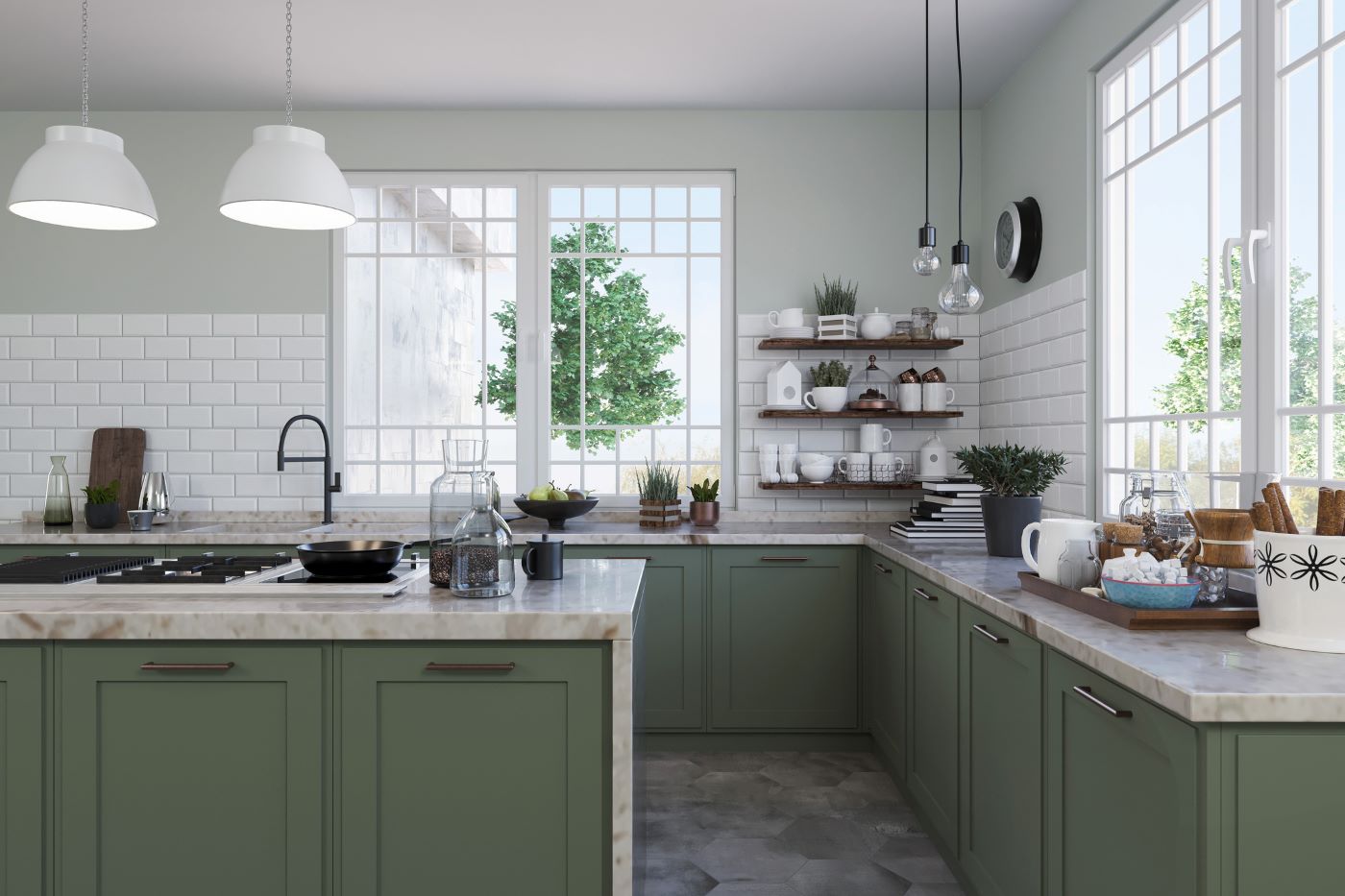 Modern Farmhouse Charm in Sage Green Shaker Cabinetry