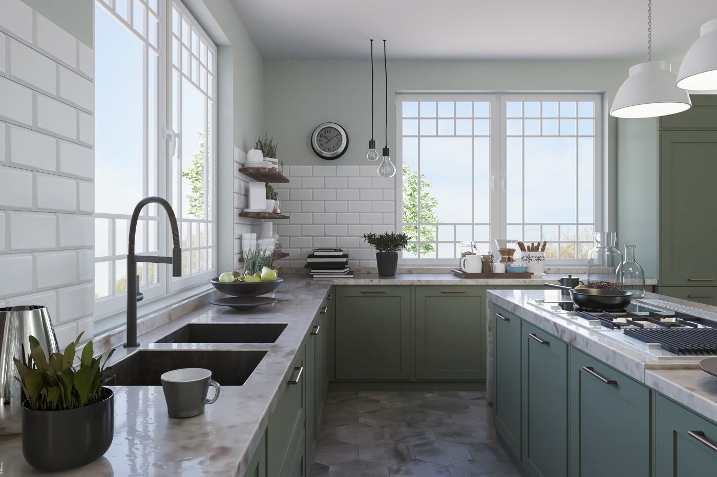 Modern Farmhouse Charm in Sage Green Shaker Cabinetry