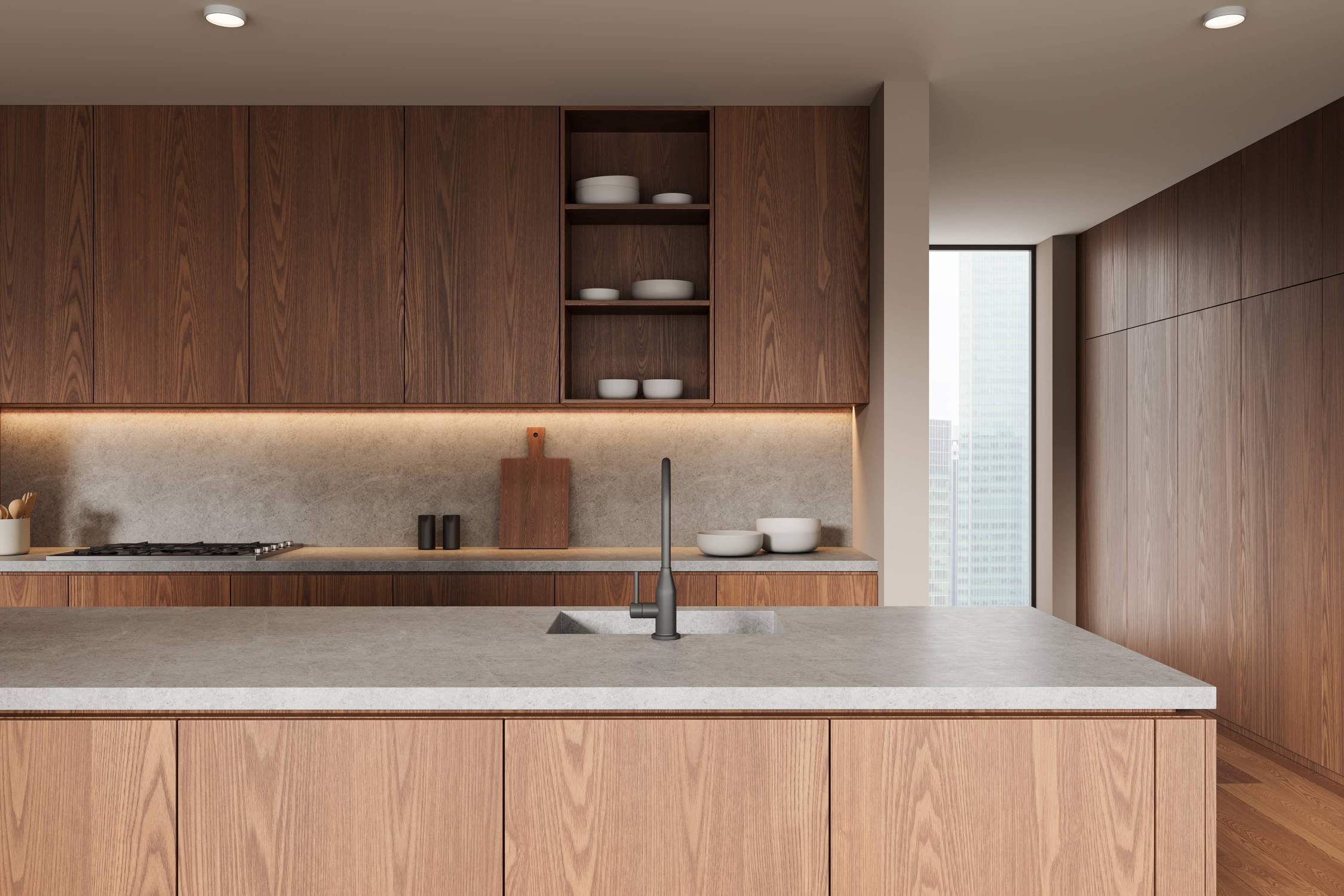 Modern Wood Grain Kitchen with Island | Minimalist Cabinetry - BFP Cabinetry