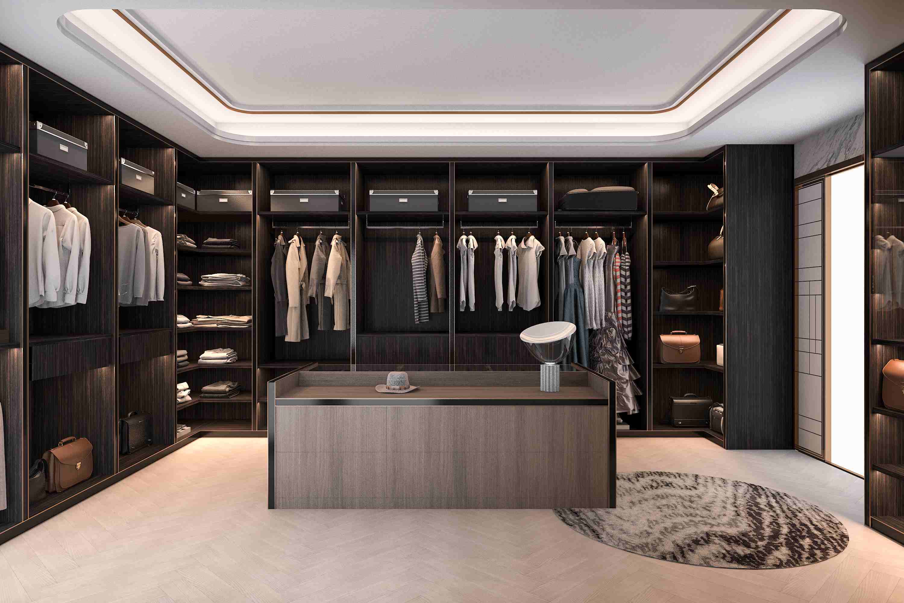 Custom High-End Walk-In Closet With Dark Brown Wood Grain