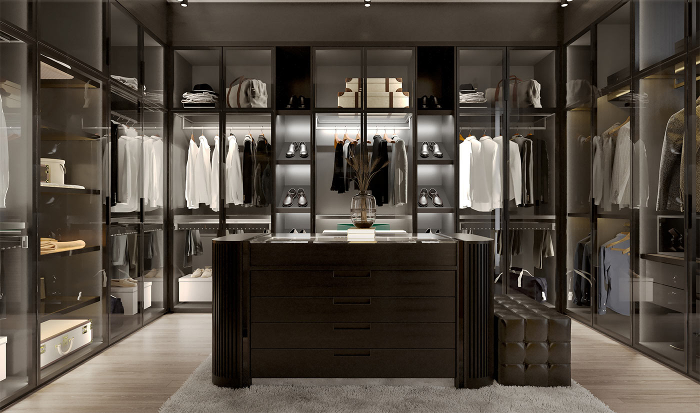 Stylish Customized Melamine Master Walk-in Closet with Aluminum Frame Glass Door