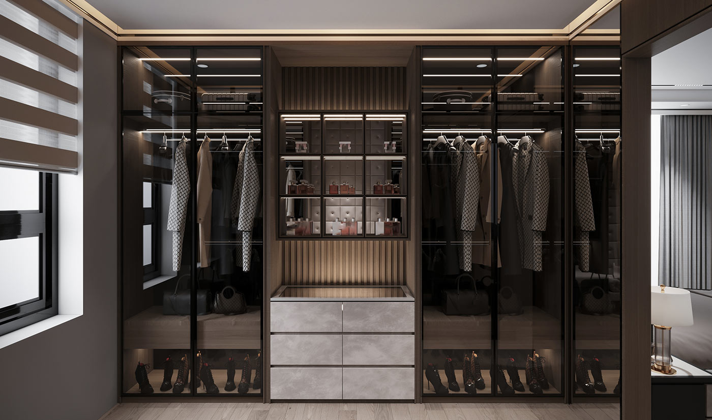 Stylish Customized Melamine Master Walk-in Closet with Aluminum Frame Glass Door