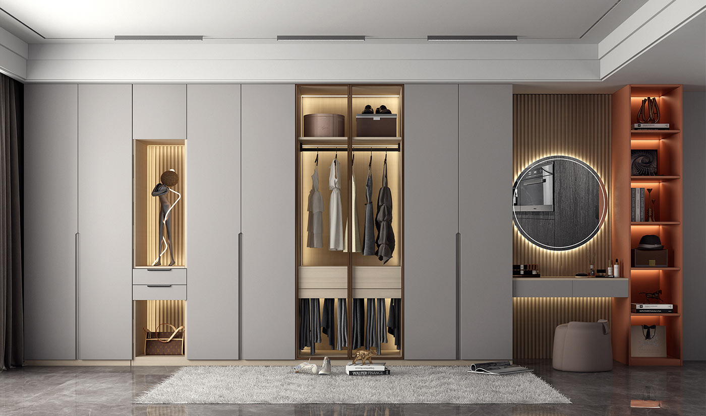 Contemporary Grey Matt Lacquer Wardrobe with Handleless Swing Door Design