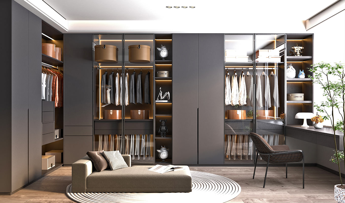 Contemporary Grey Matt Lacquer Wardrobe with Handleless Swing Door Design