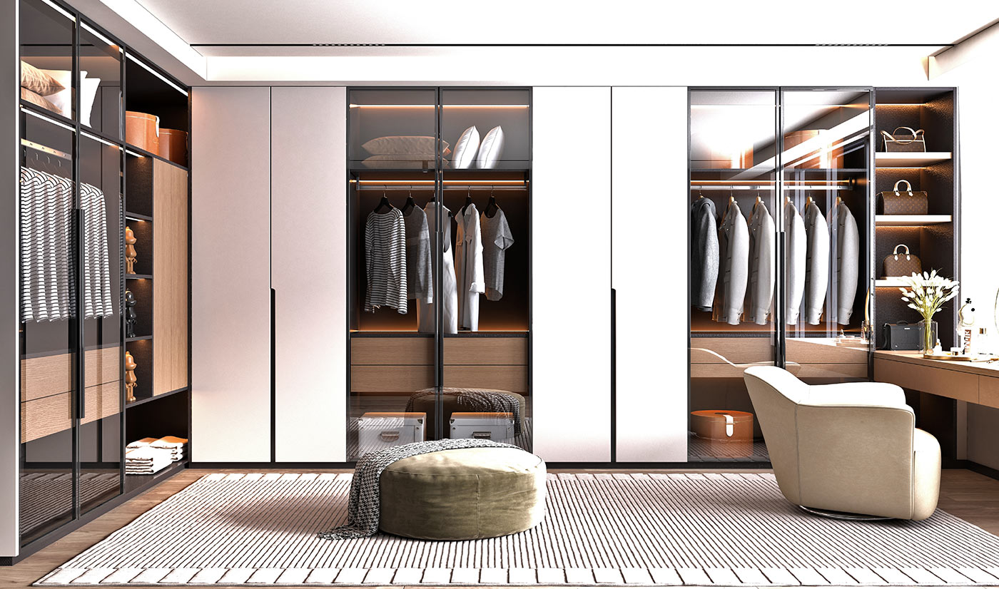 Contemporary Grey Matt Lacquer Wardrobe with Handleless Swing Door Design