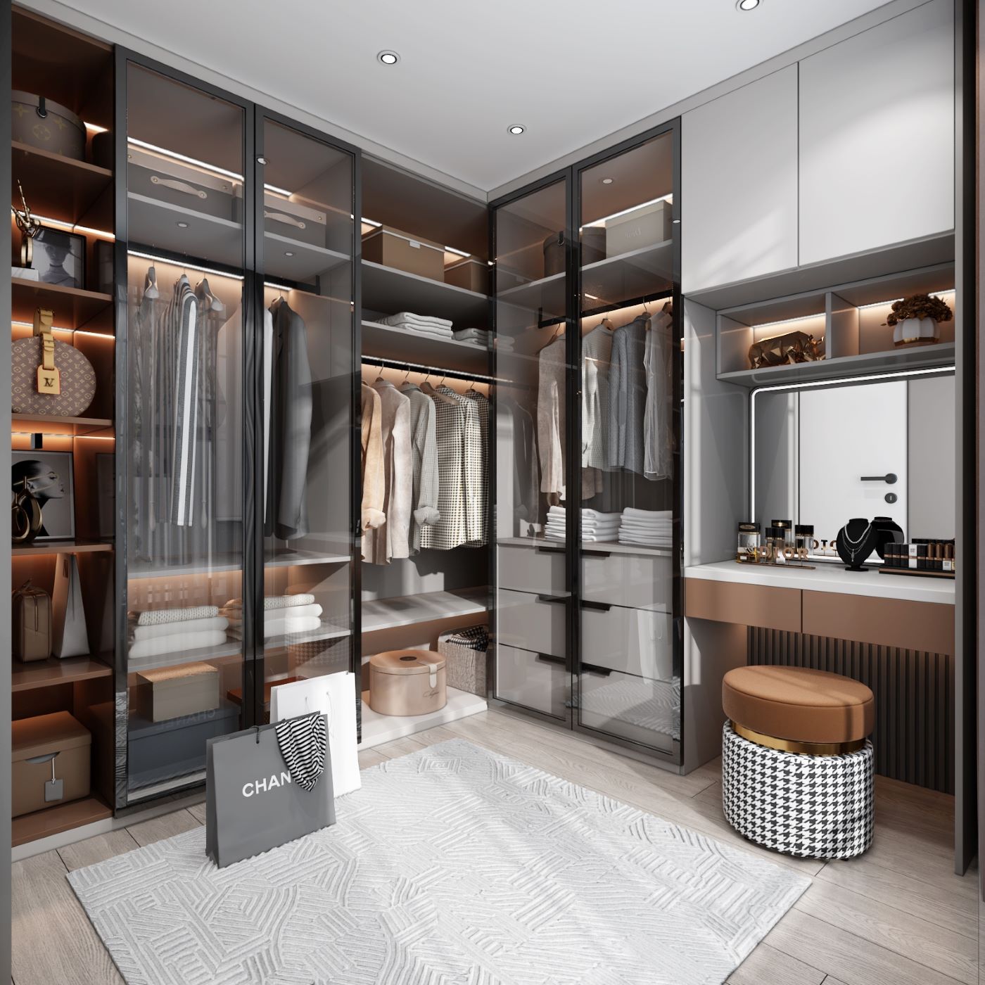 Luxury Custom Walk-In Wardrobe with Island Storage & LED Lighting