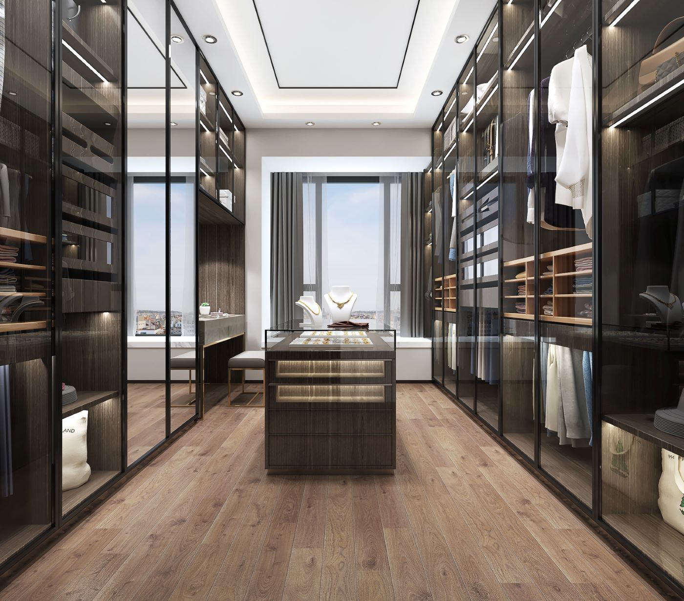 Luxury Custom Walk-In Wardrobe with Island Storage & LED Lighting