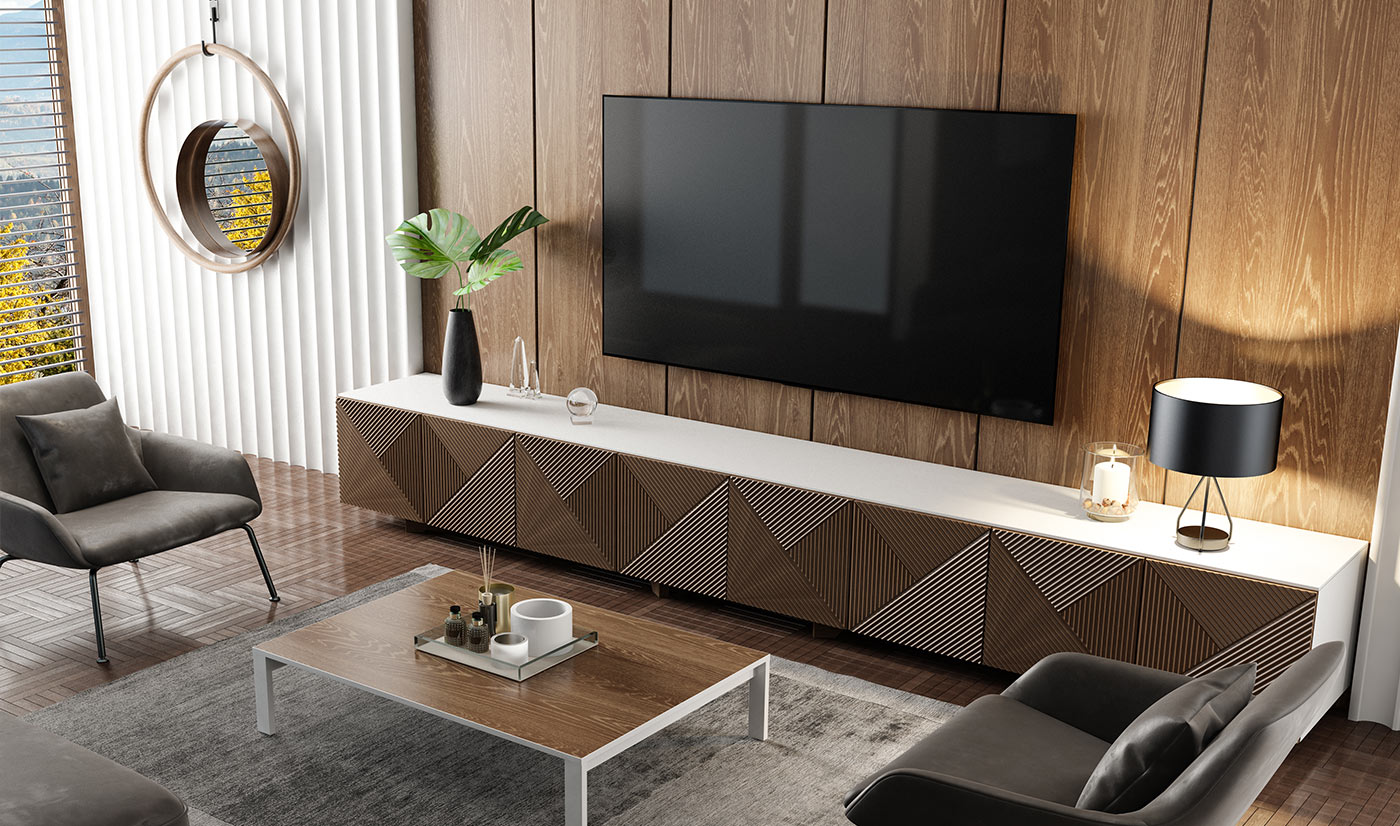 Modern Wood Grain TV Cabinets With Special Door Profile Design