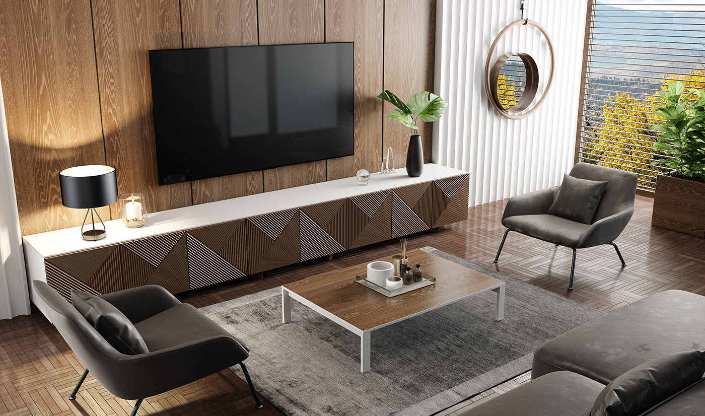 Modern Wood Grain TV Cabinets With Special Door Profile Design