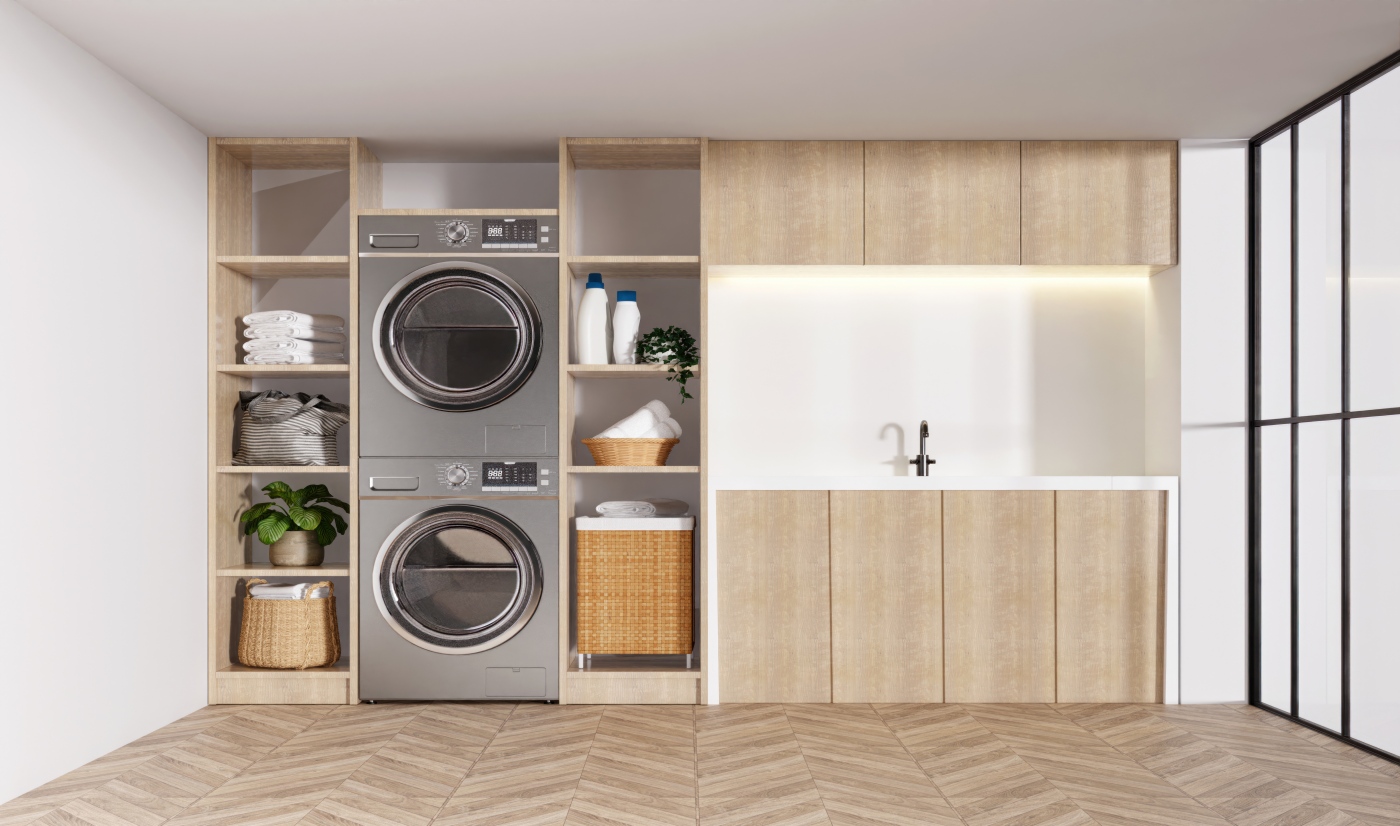 Neutral Toned Laundry Cabinets With Open Shelving & Storage